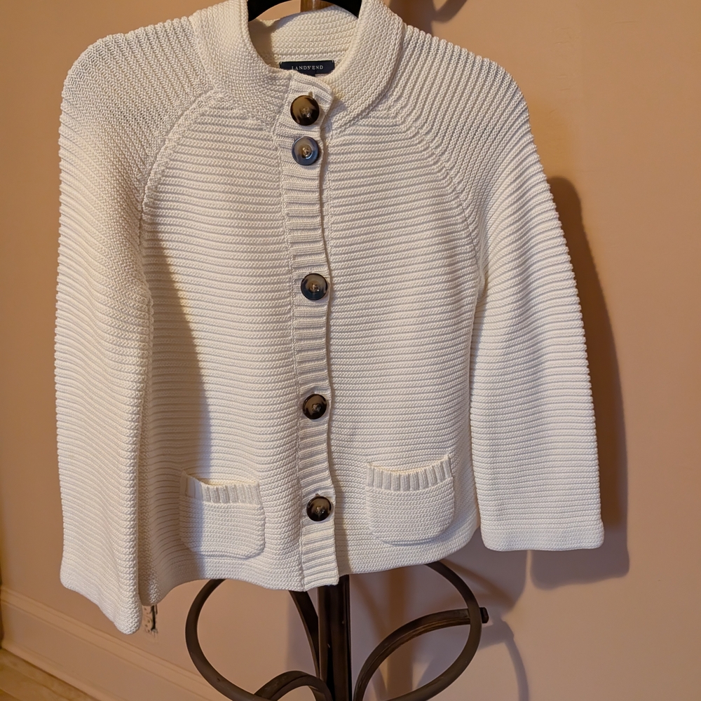 Lands' End Cream Button-Up Cardigan